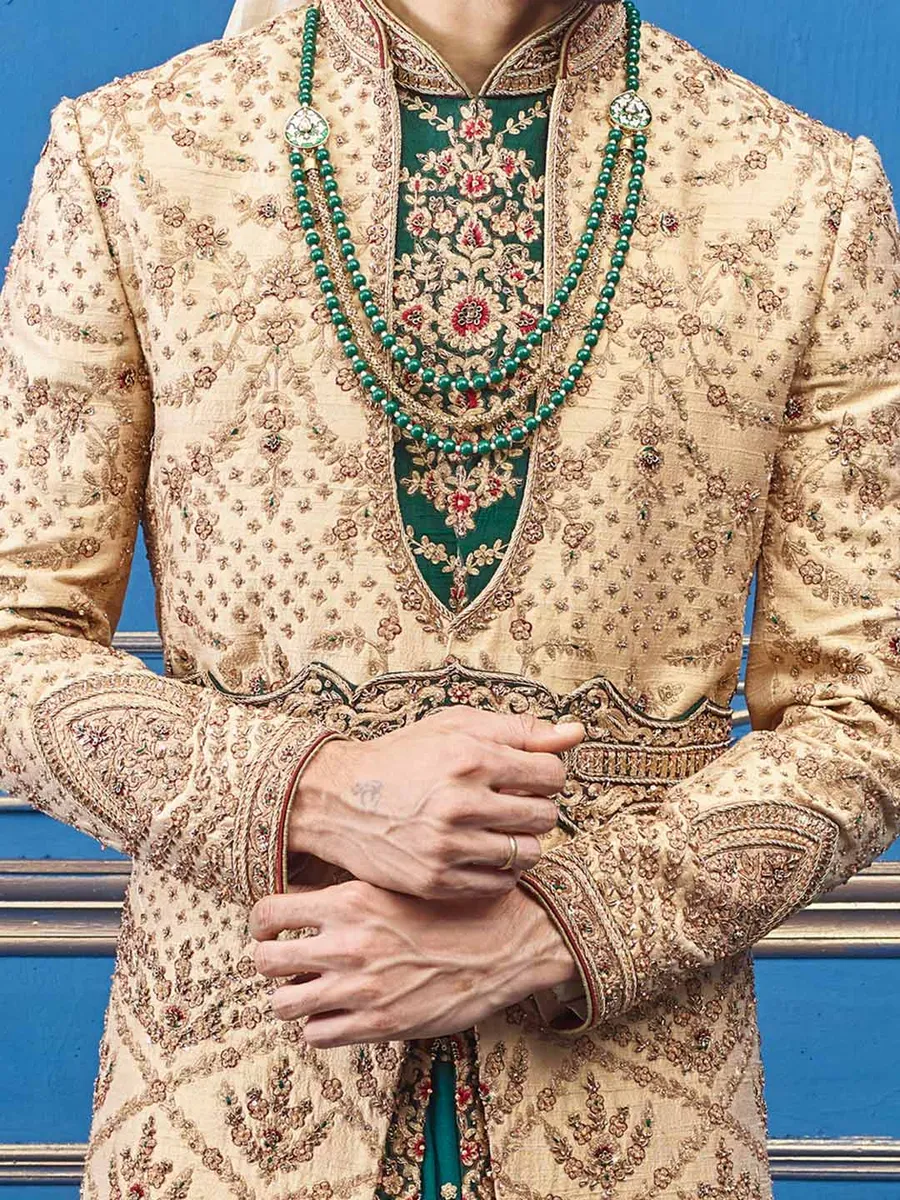 Raw silk beige green jacket style designer sherwani