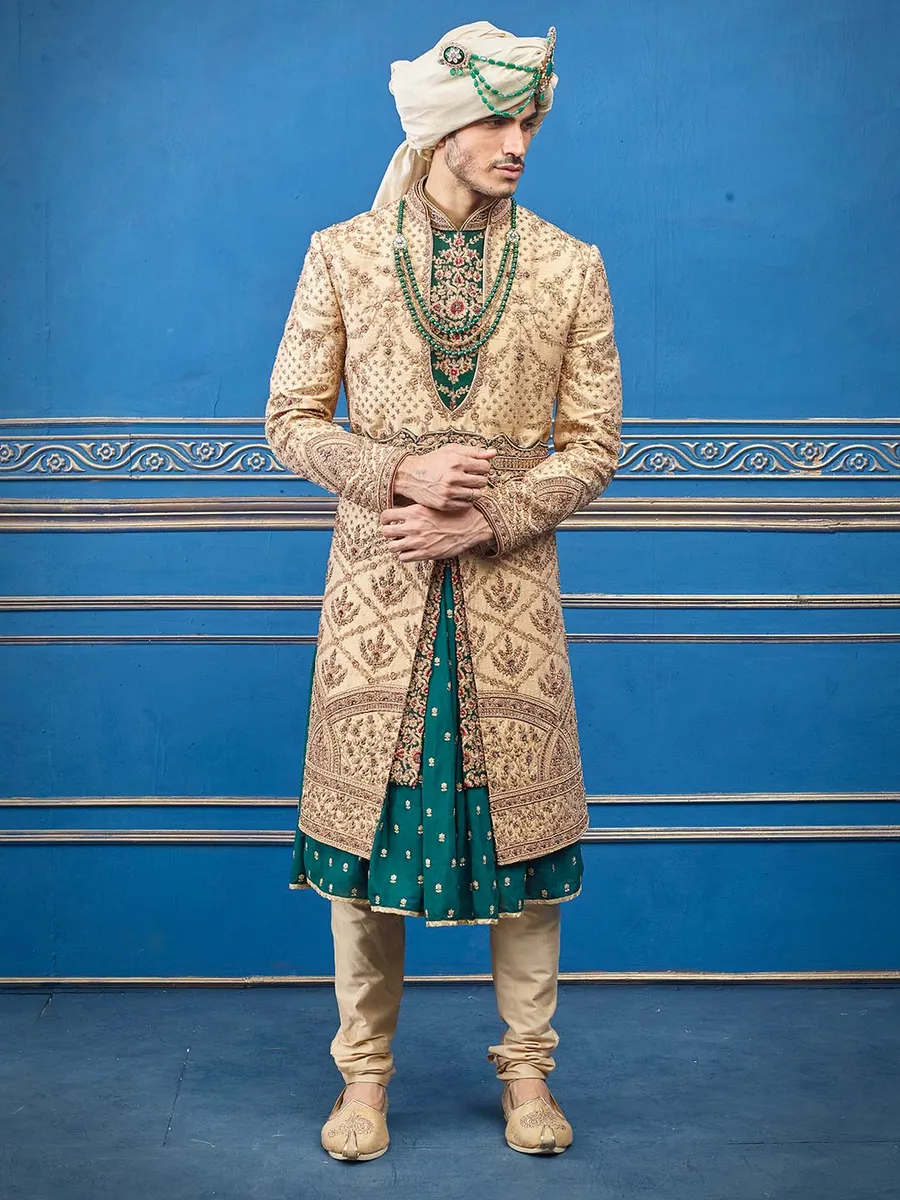 Raw silk beige green jacket style designer sherwani