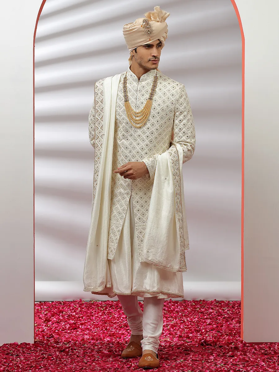 Raw silk cream color groom and wedding sherwani
