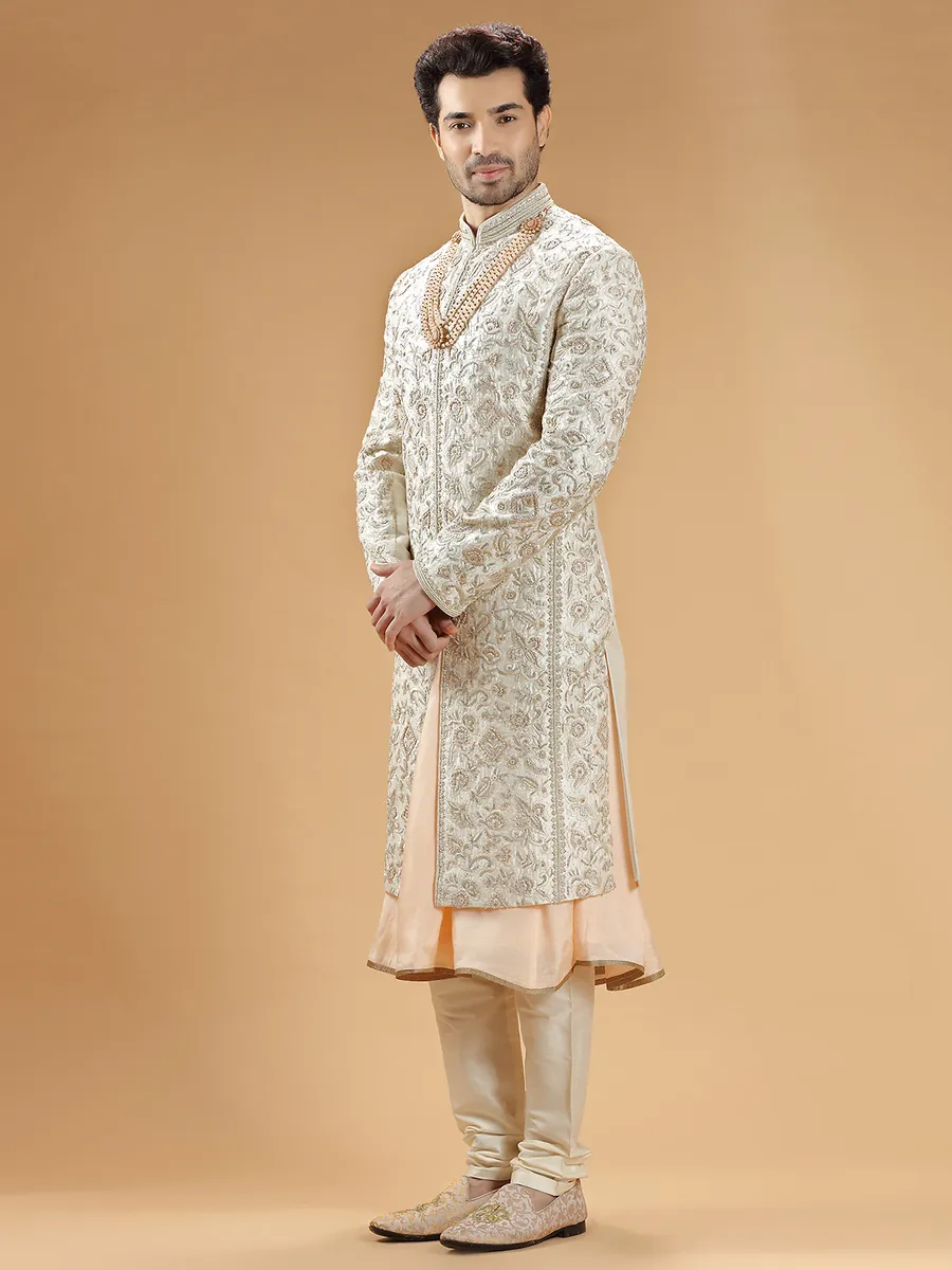 Raw silk cream groom sherwani