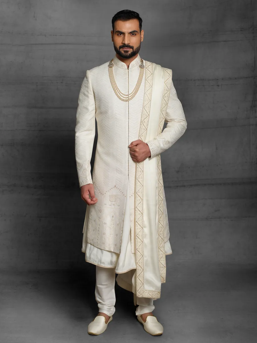 Raw silk cream hue sherwani for mens