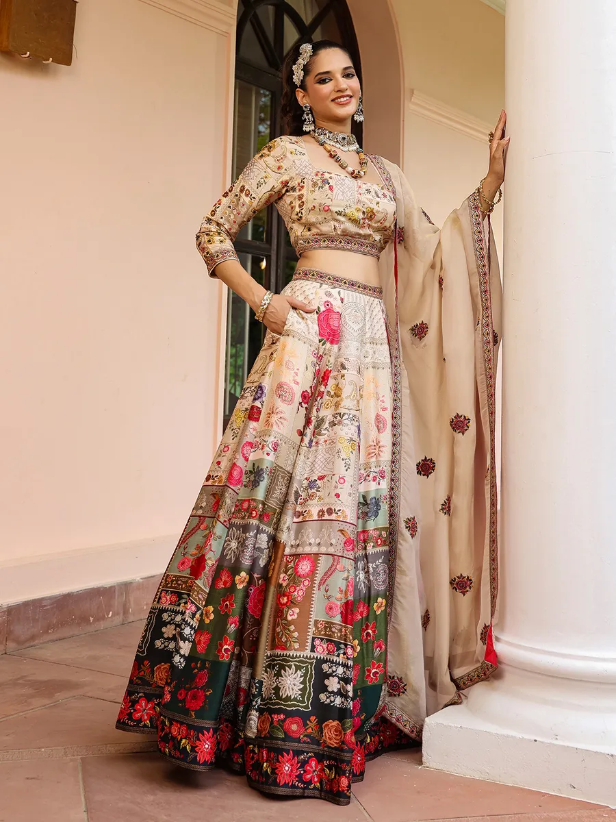 Raw silk cream lehenga choli for wedding