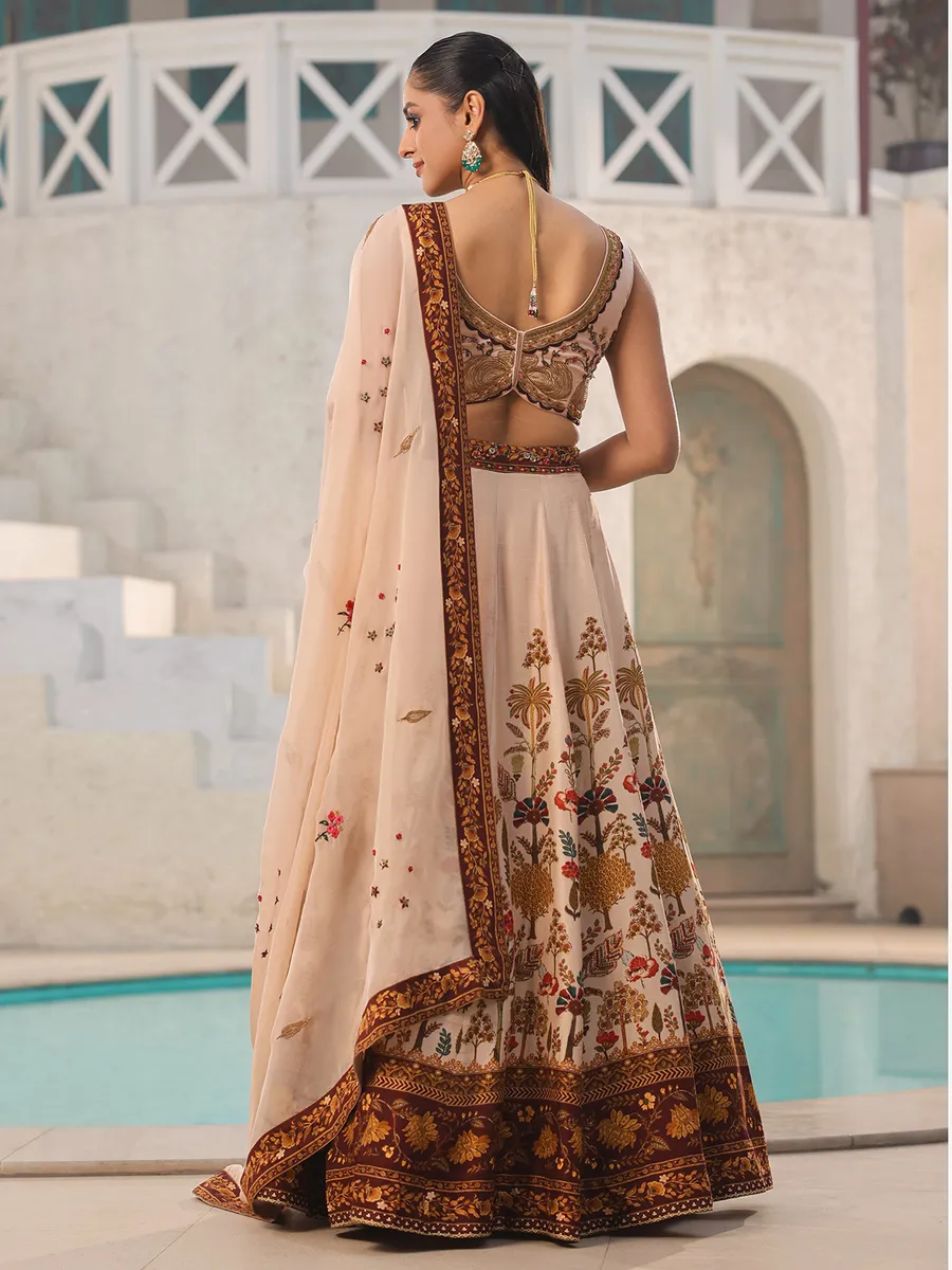 Raw silk cream printed lehenga choli