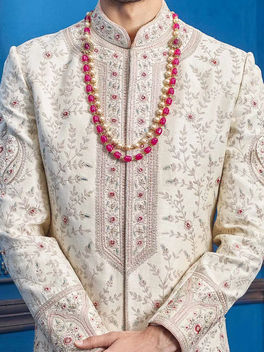 Raw silk double layer cream sherwani