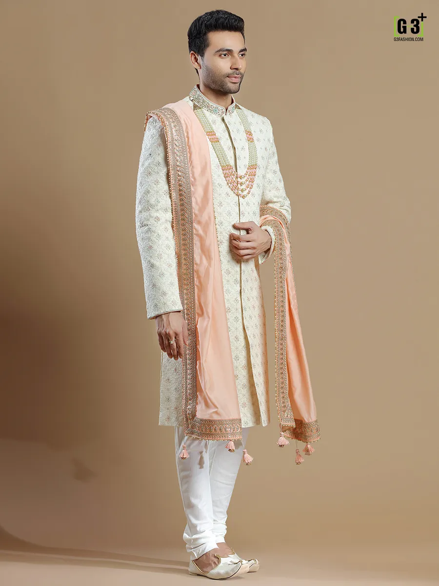 Raw silk fabric cream rich sherwani for groom