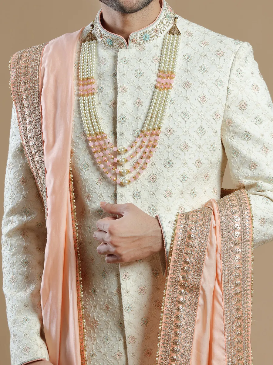 Raw silk fabric cream rich sherwani for groom