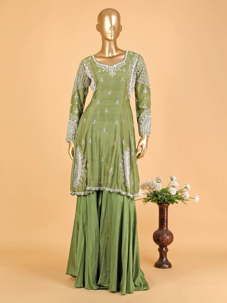 Raw silk green designer palazzo suit