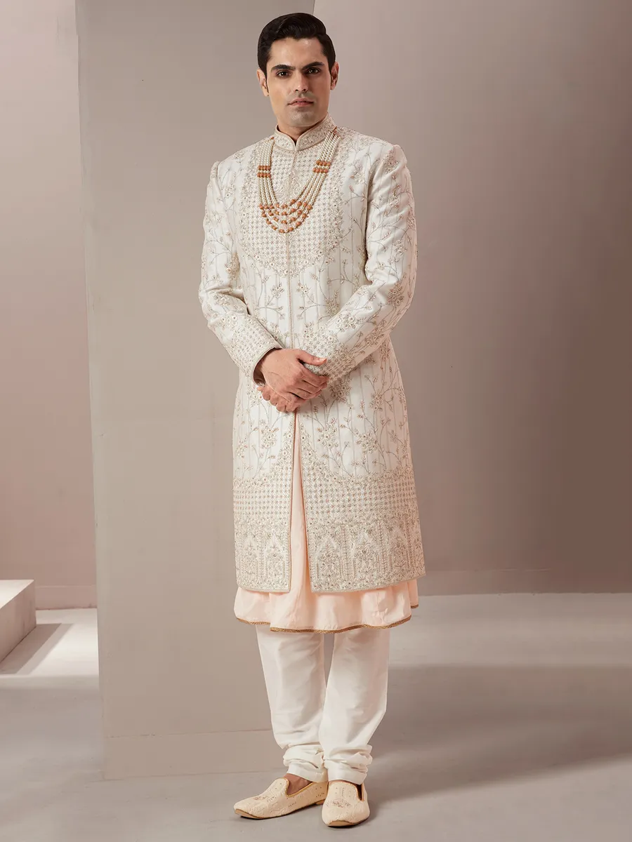 Raw silk groom and wedding look sherwani in cream