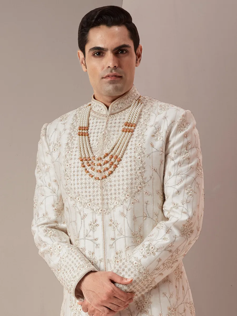 Raw silk groom and wedding look sherwani in cream