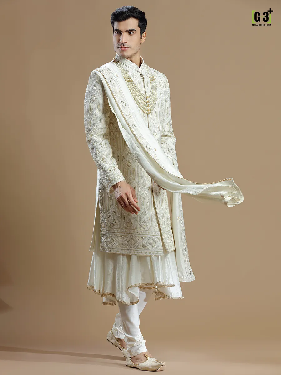 Raw silk groom sherwani in cream color