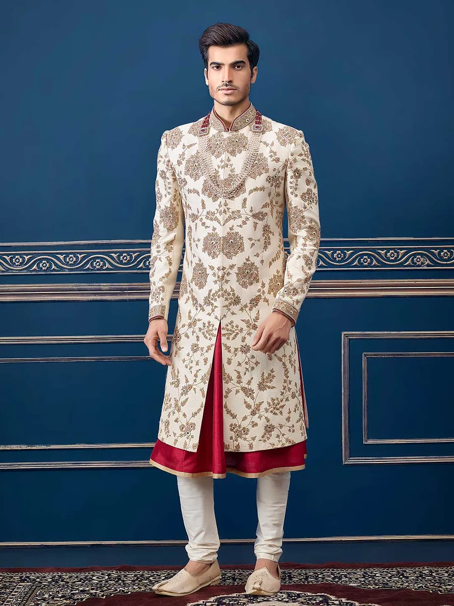 Raw silk groom wear cream sherwani