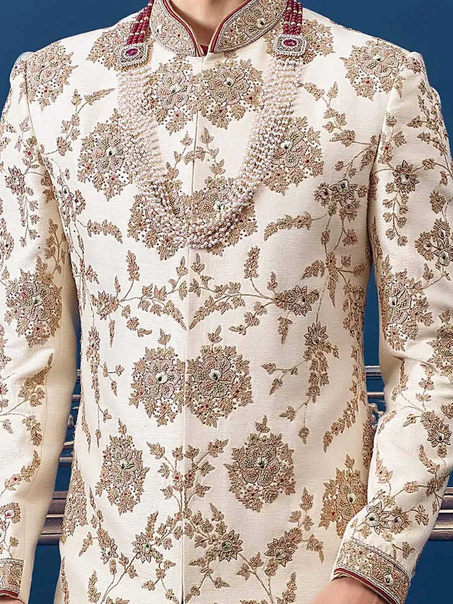 Raw silk groom wear cream sherwani