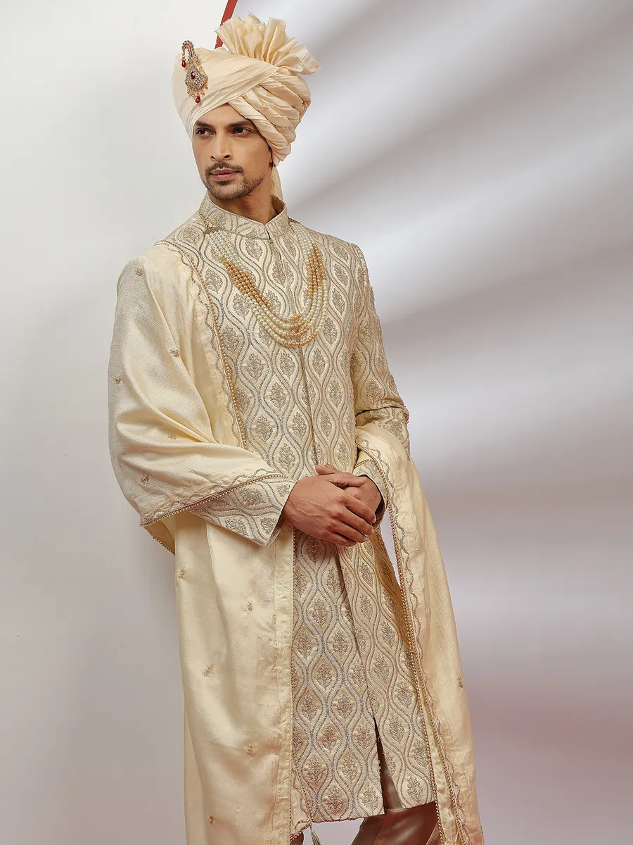 Raw silk groom wear sherwani in cream color