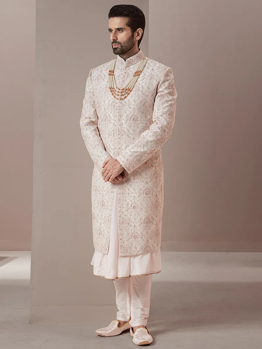 Raw silk light pink groom and wedding look sherwani