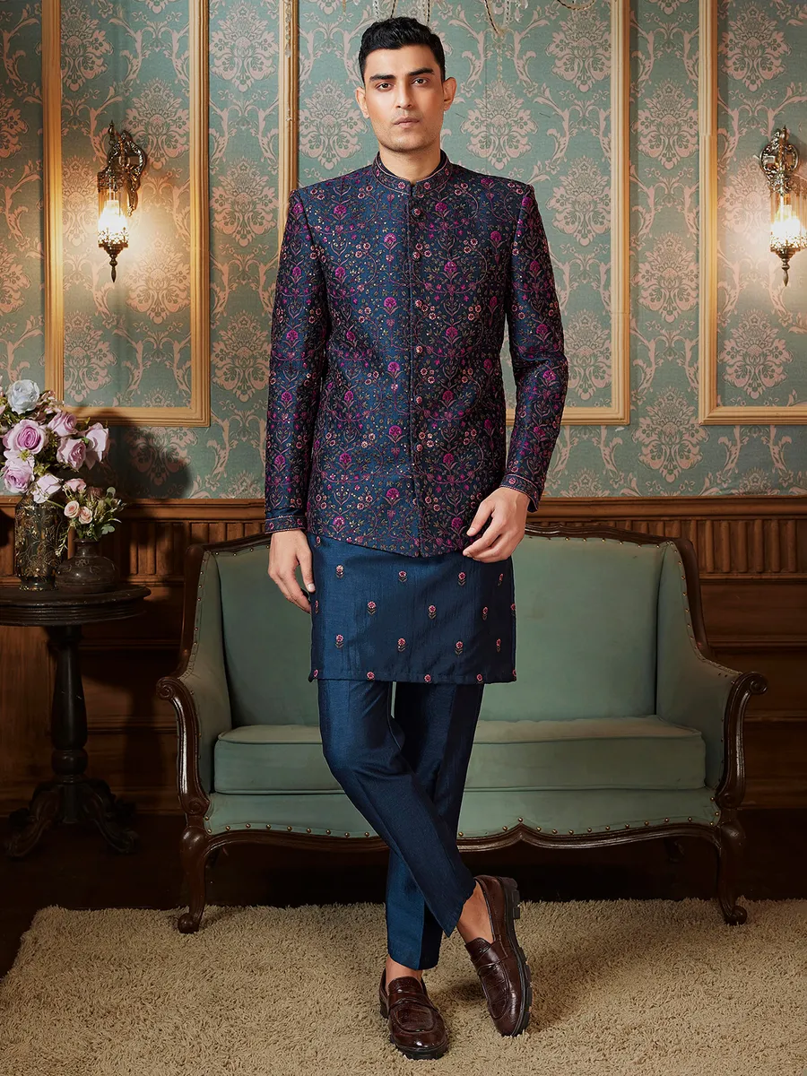 Raw silk mint blue Semi-Indowestern with colorful thread embellishment