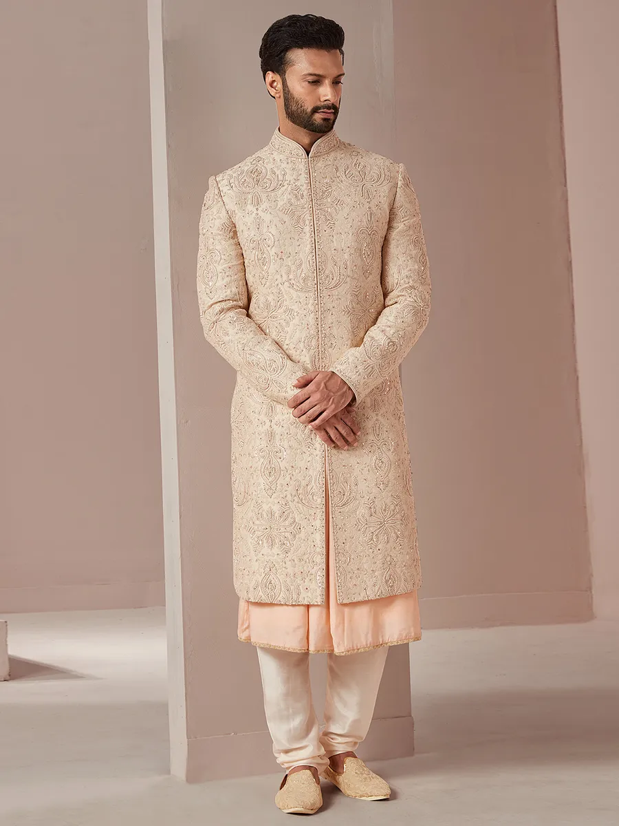 Raw silk peach color groom and wedding sherwani