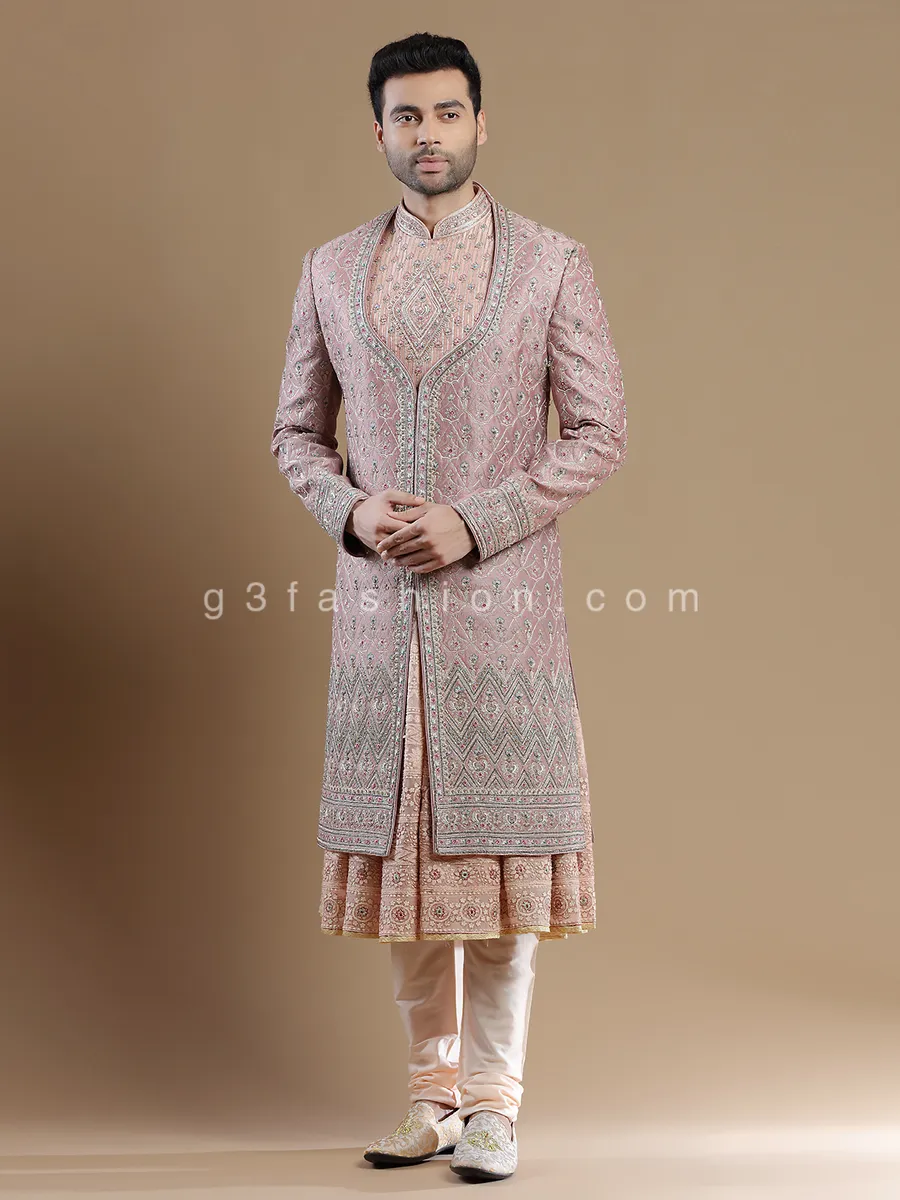 Raw silk pink color groom and wedding sherwani