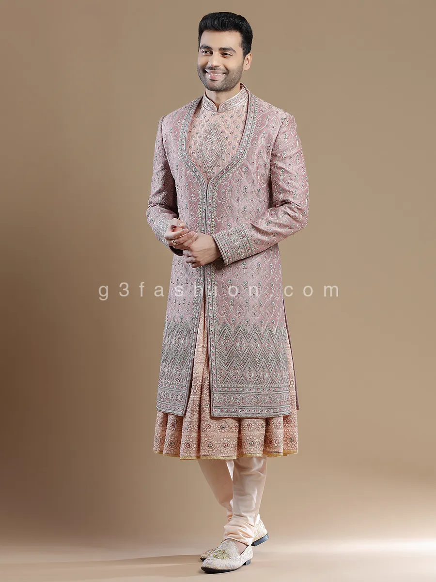 Raw silk pink color groom and wedding sherwani