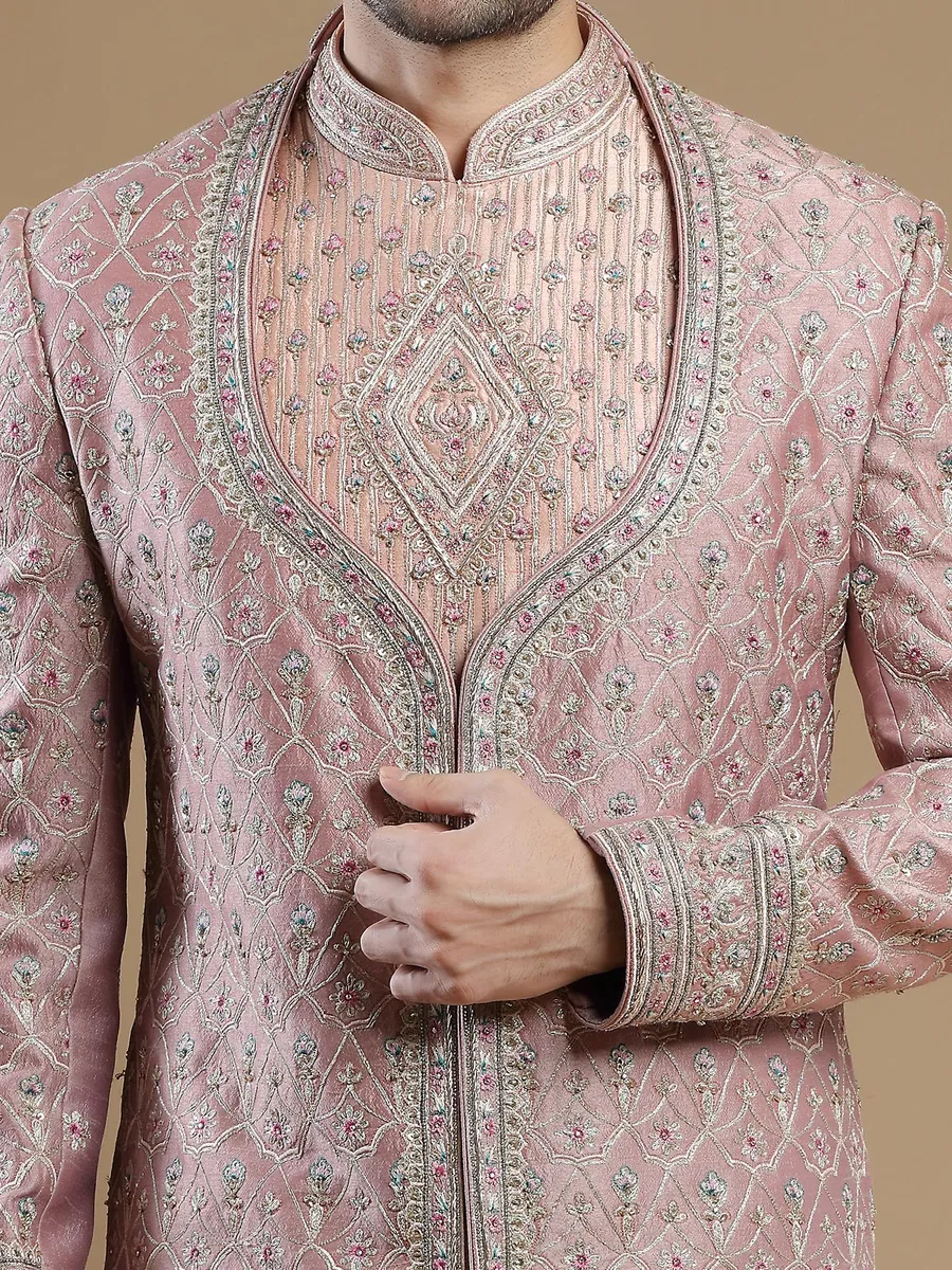 Raw silk pink color groom and wedding sherwani