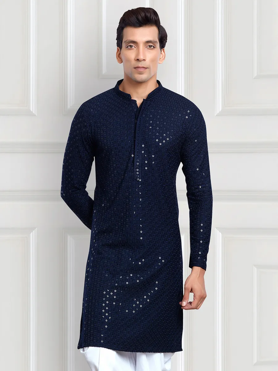 rayon cotton navy embroidery  Men Kurta pajama