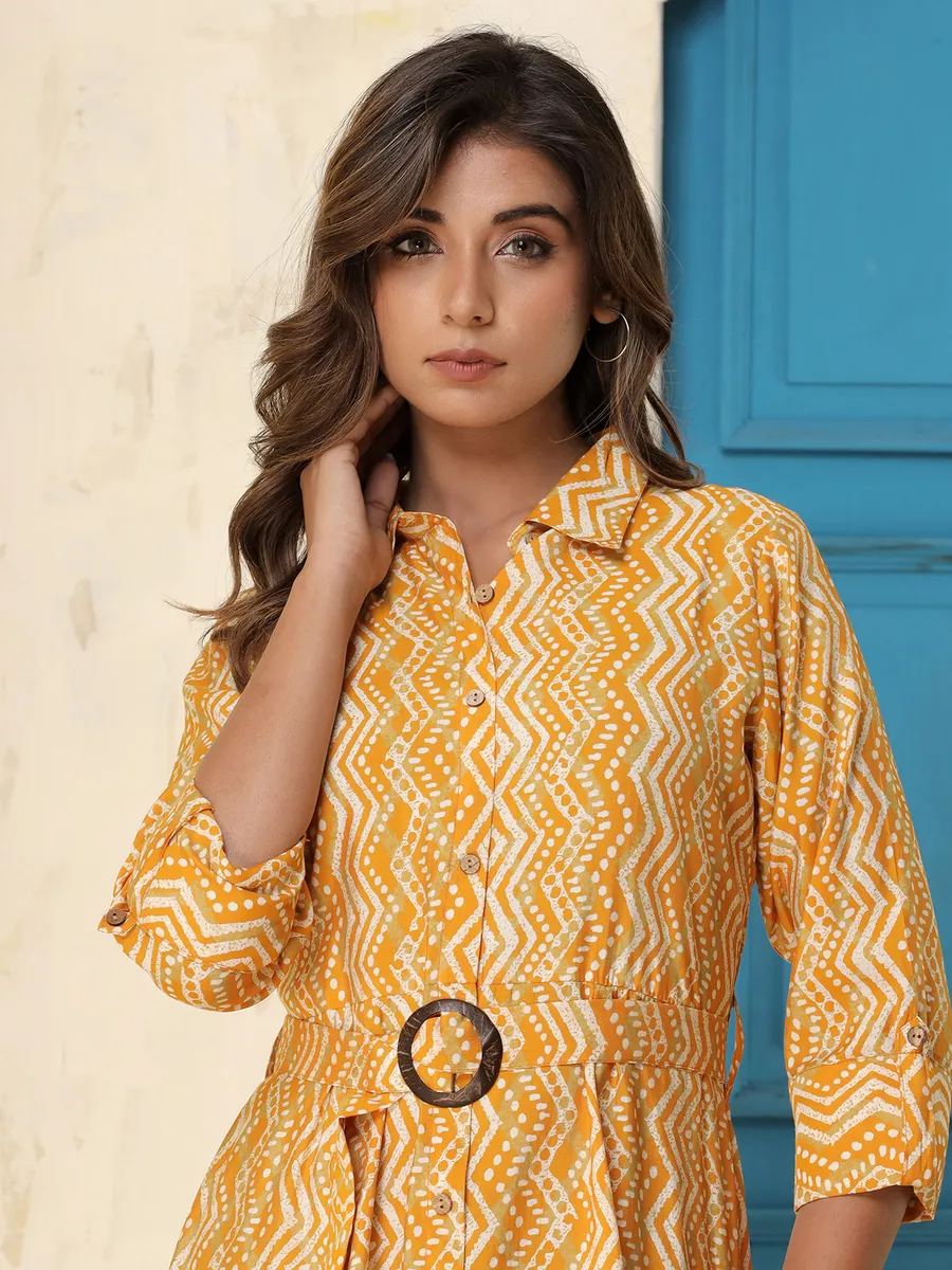 Rayon cotton printed kurti in yellow