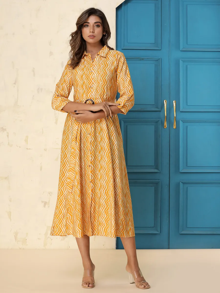 Rayon cotton printed kurti in yellow