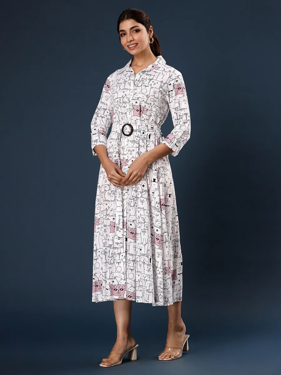 Rayon cotton printed white and pink kurti