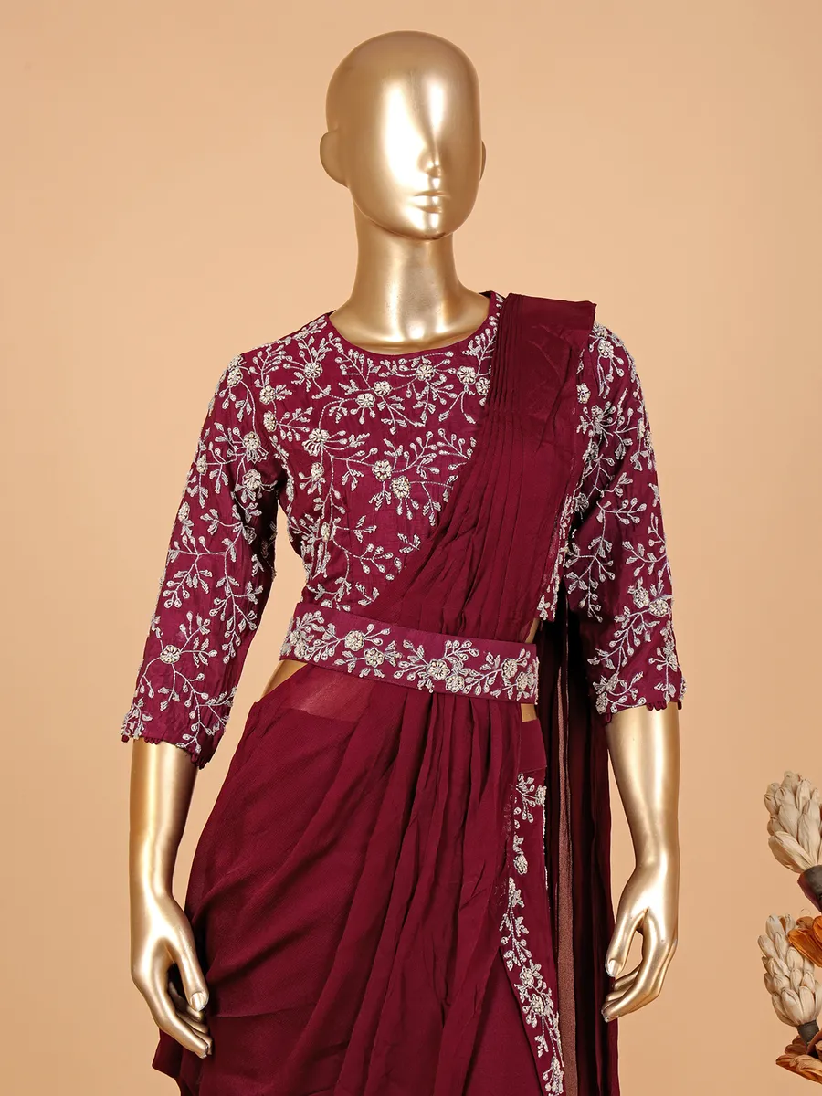 Ready-to-wear wine saree