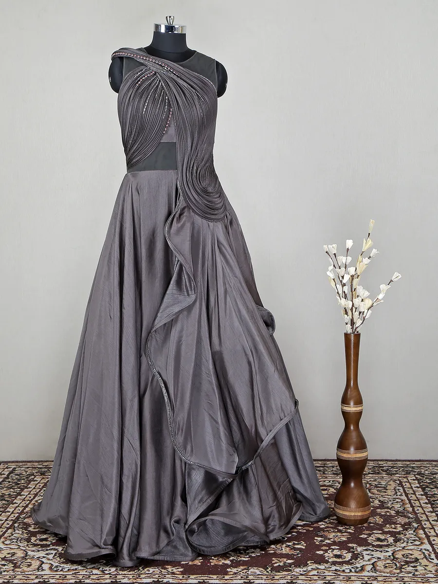 Reception and party wear raw silk gown in grey