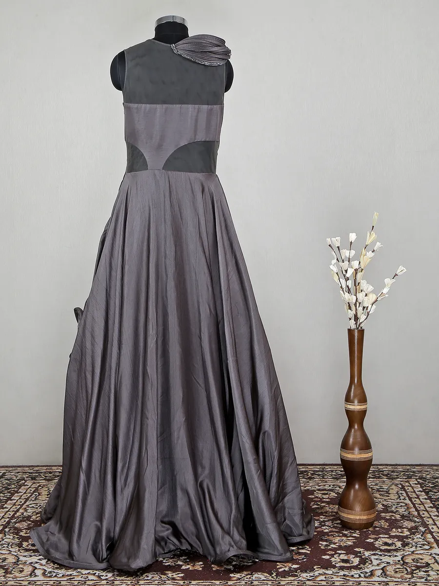 Reception and party wear raw silk gown in grey