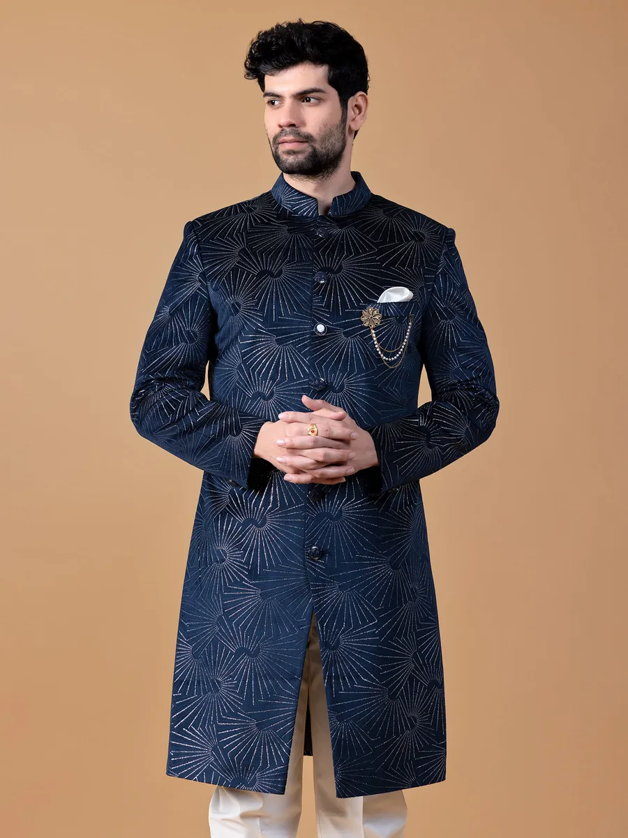 Reception navy terry rayon indowestern