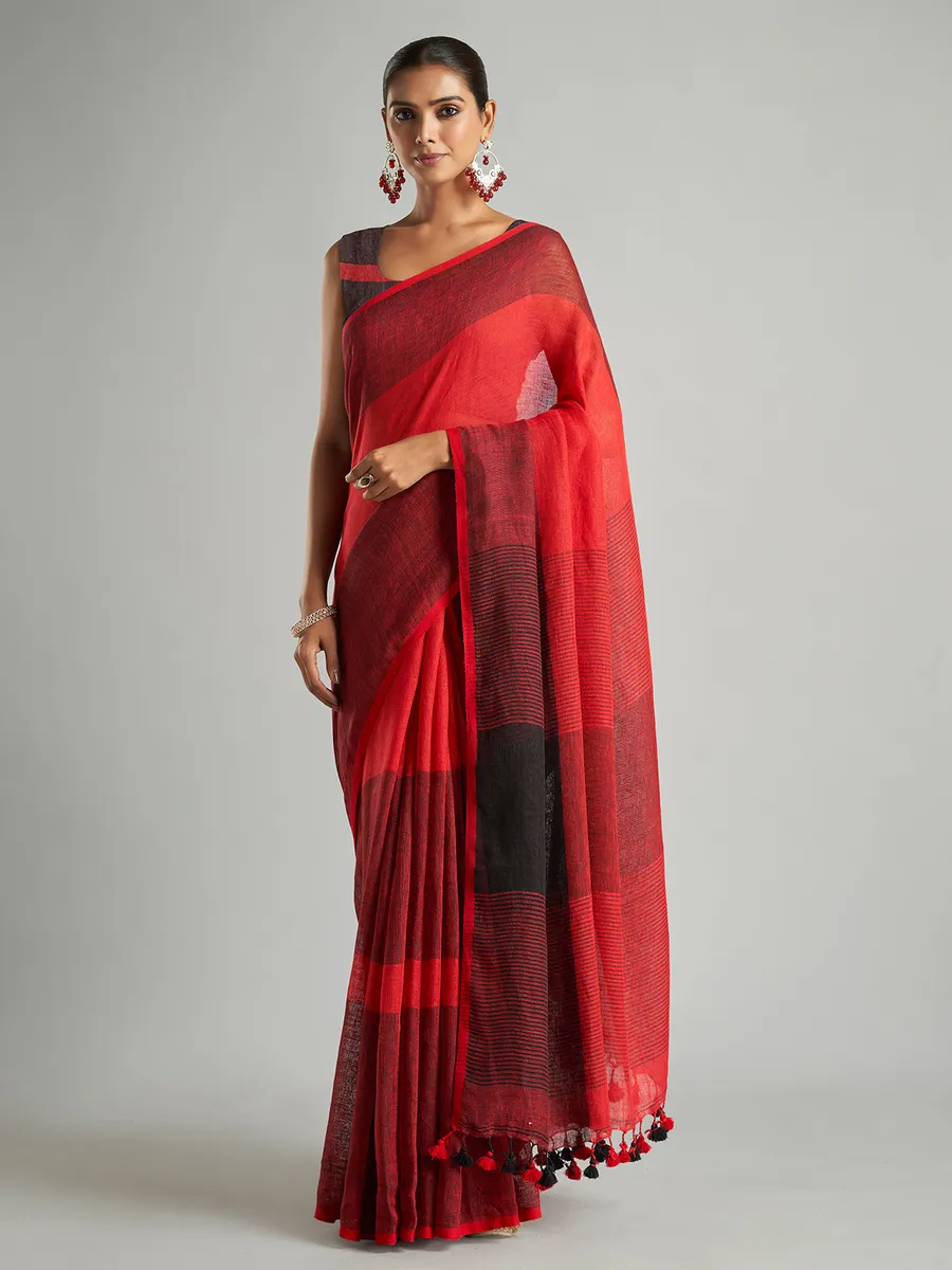 Red and black stripe saree