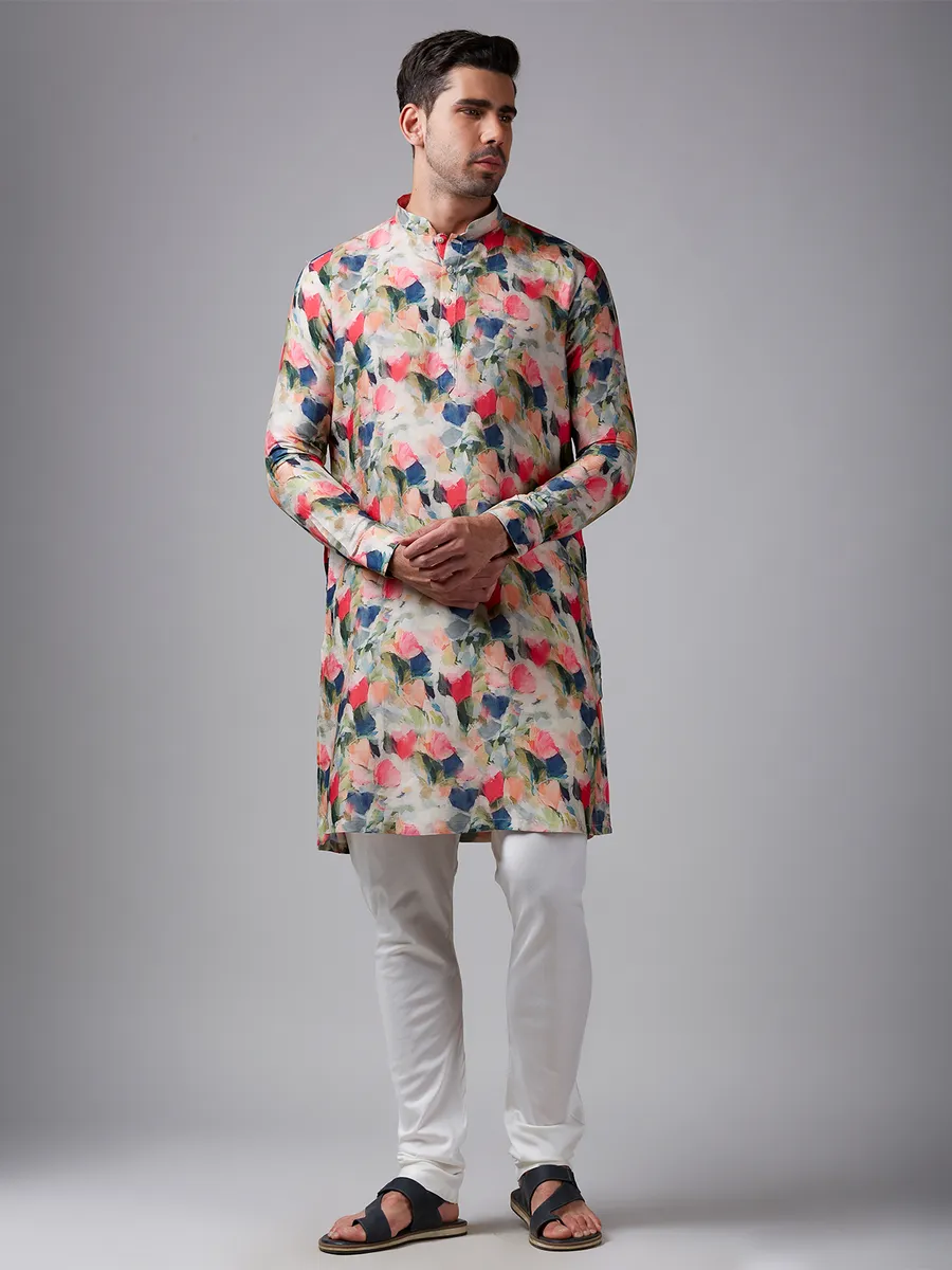 Red and blue printed silk  Men Kurta pajama