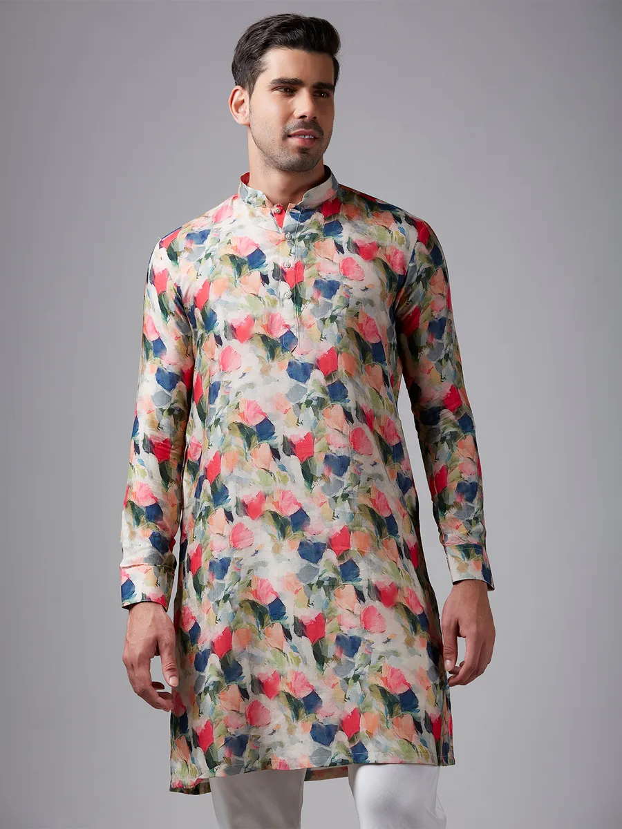 Red and blue printed silk  Men Kurta pajama