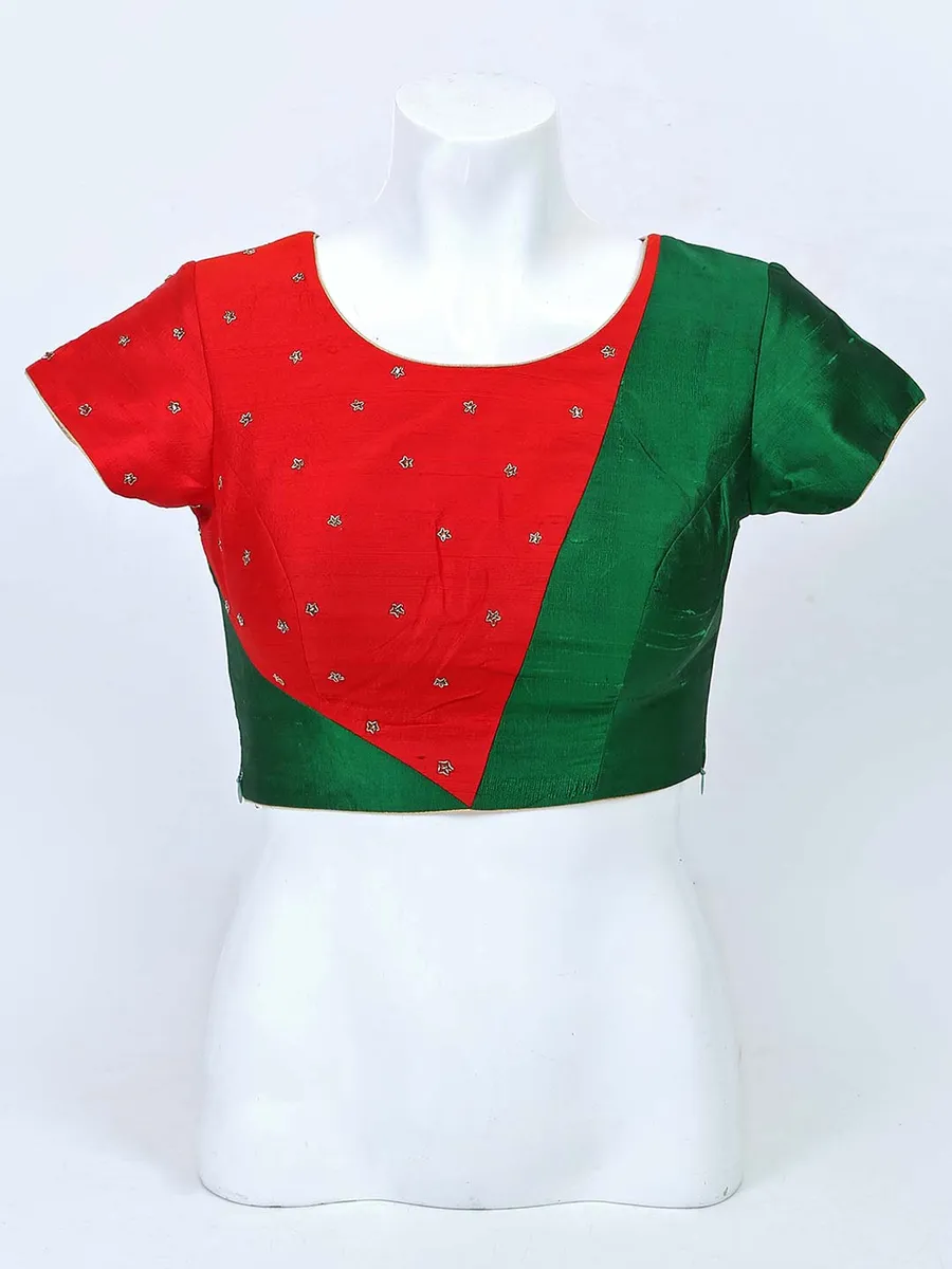 Red and green raw silk round neck blouse