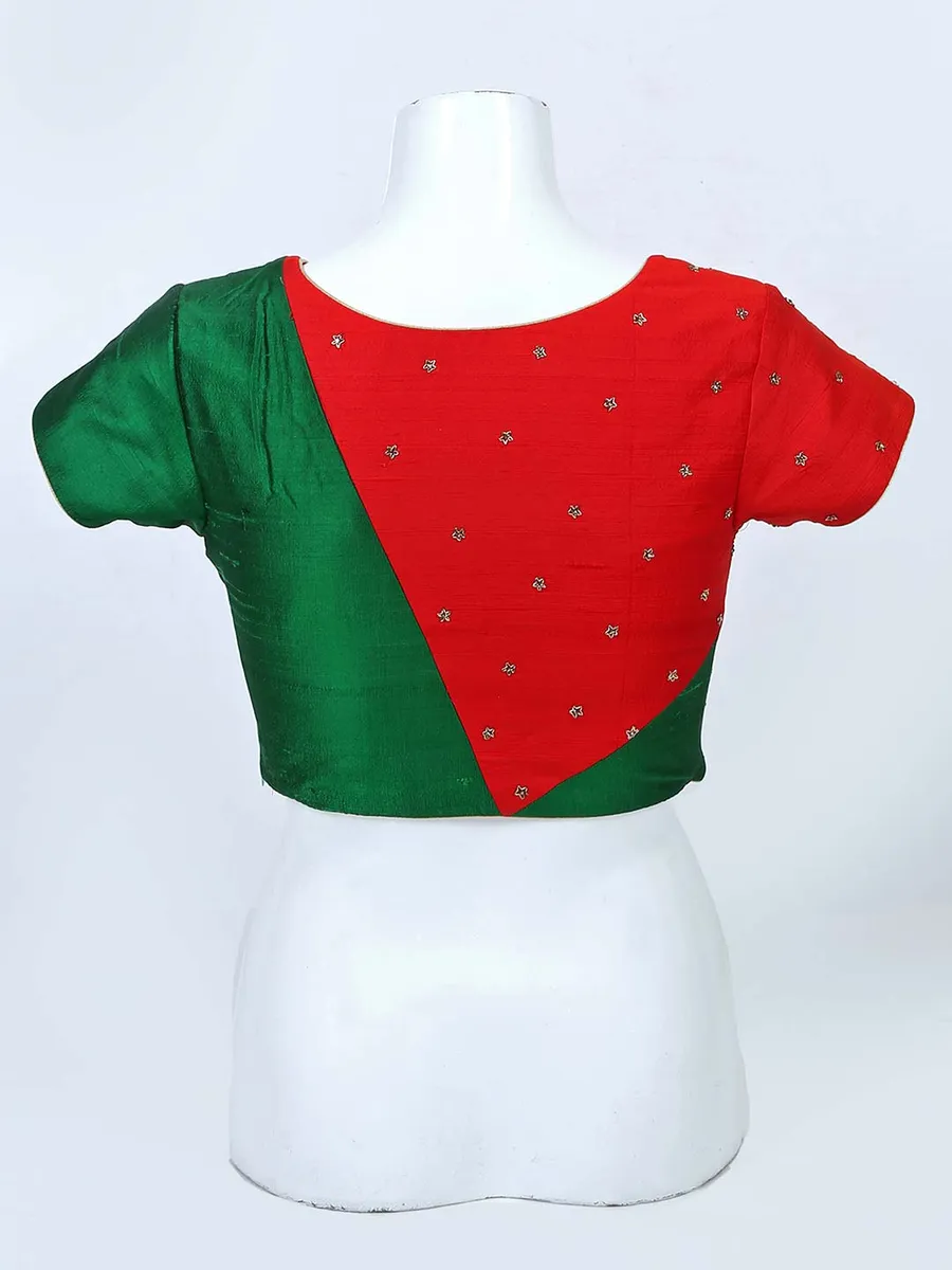 Red and green raw silk round neck blouse