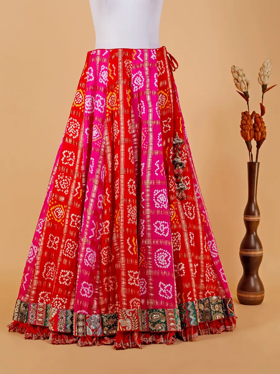 Red and magenta bandhej lehenga choli