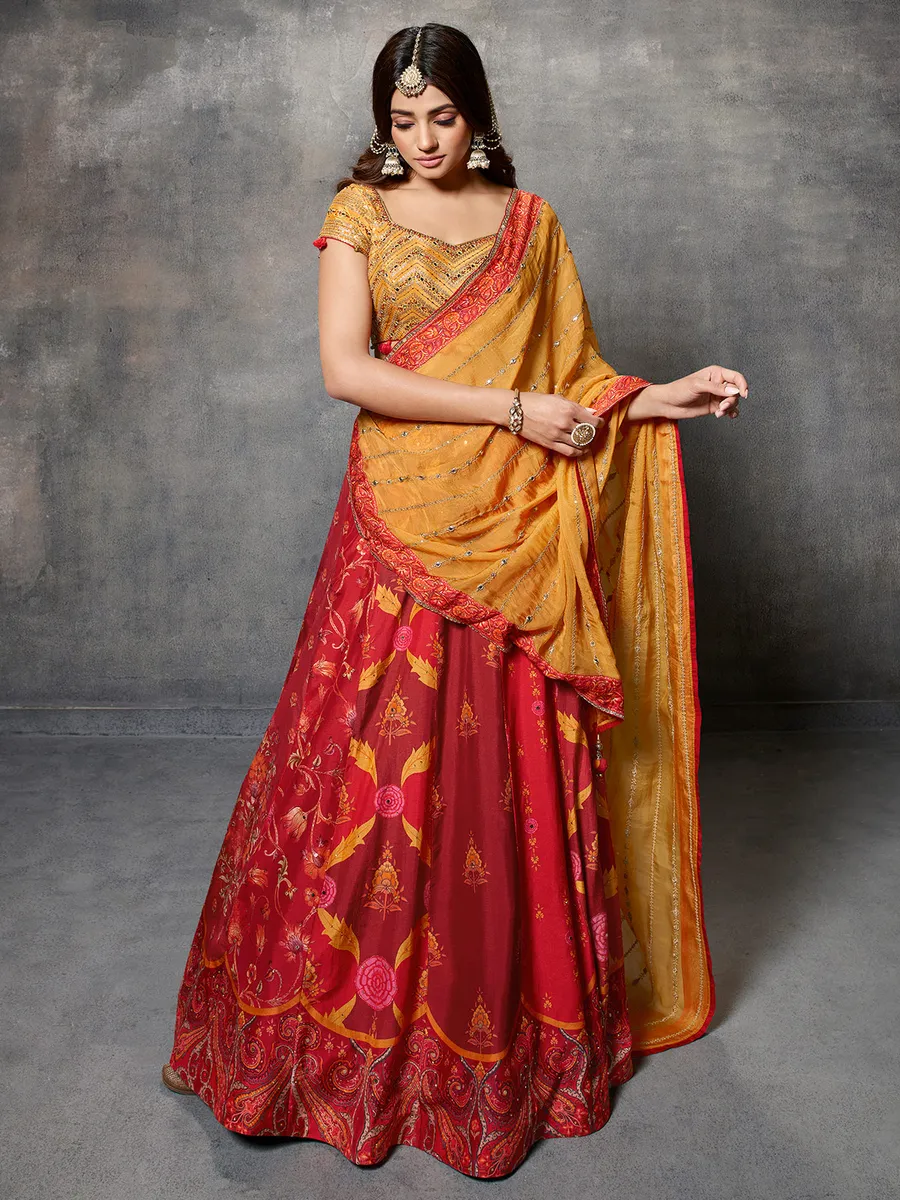 Red and yellow printed silk lehenga choli