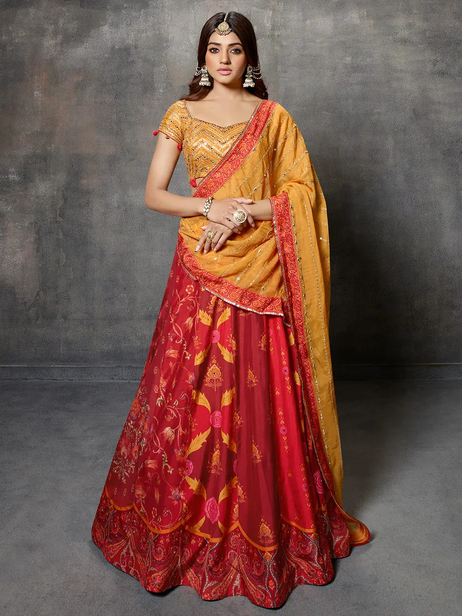 Red and yellow printed silk lehenga choli