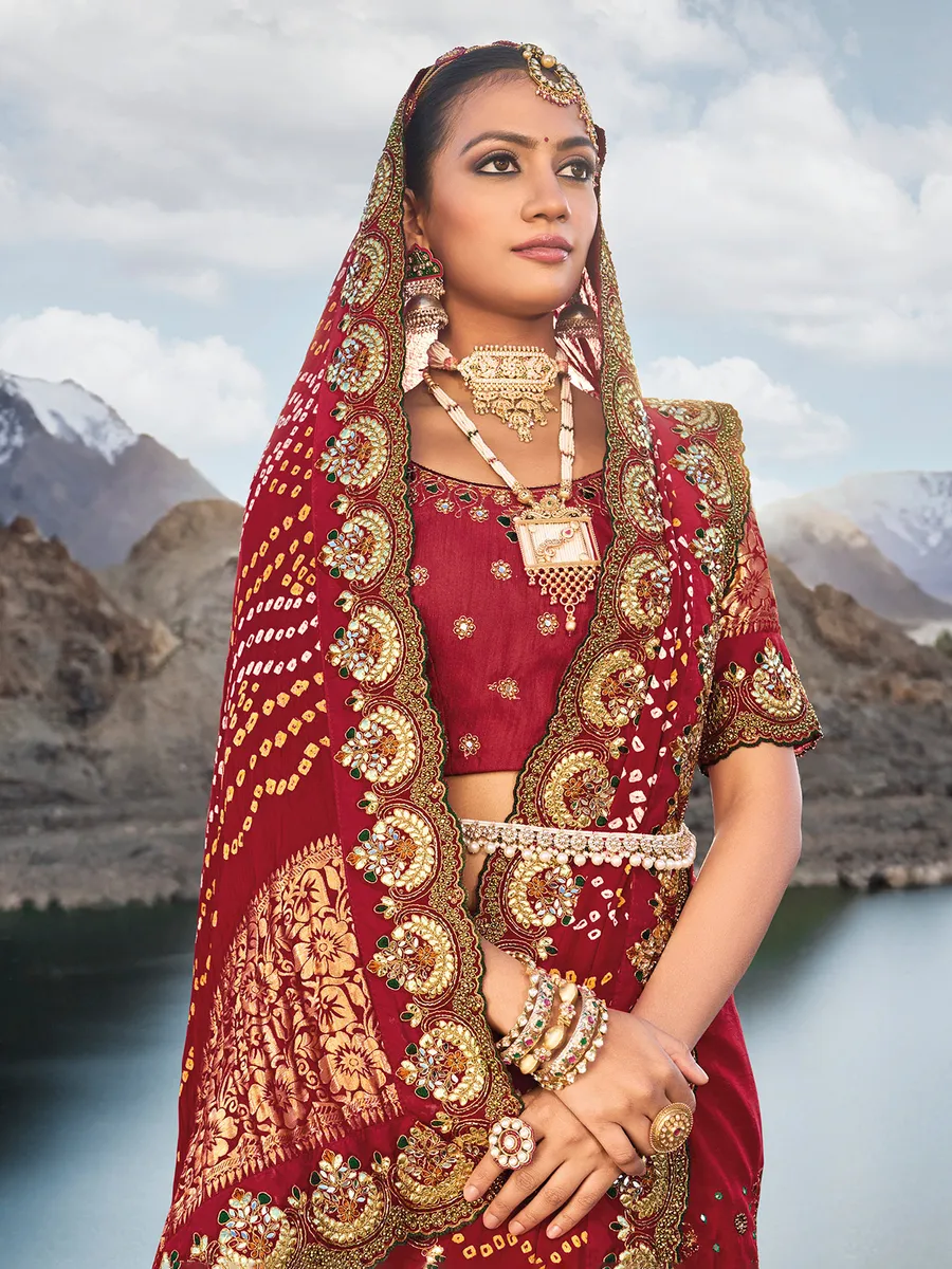 Red bandhej printed satin saree