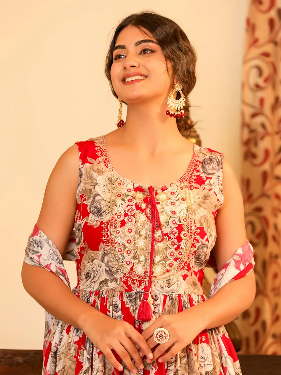 Red cotton floral printed sharara suit