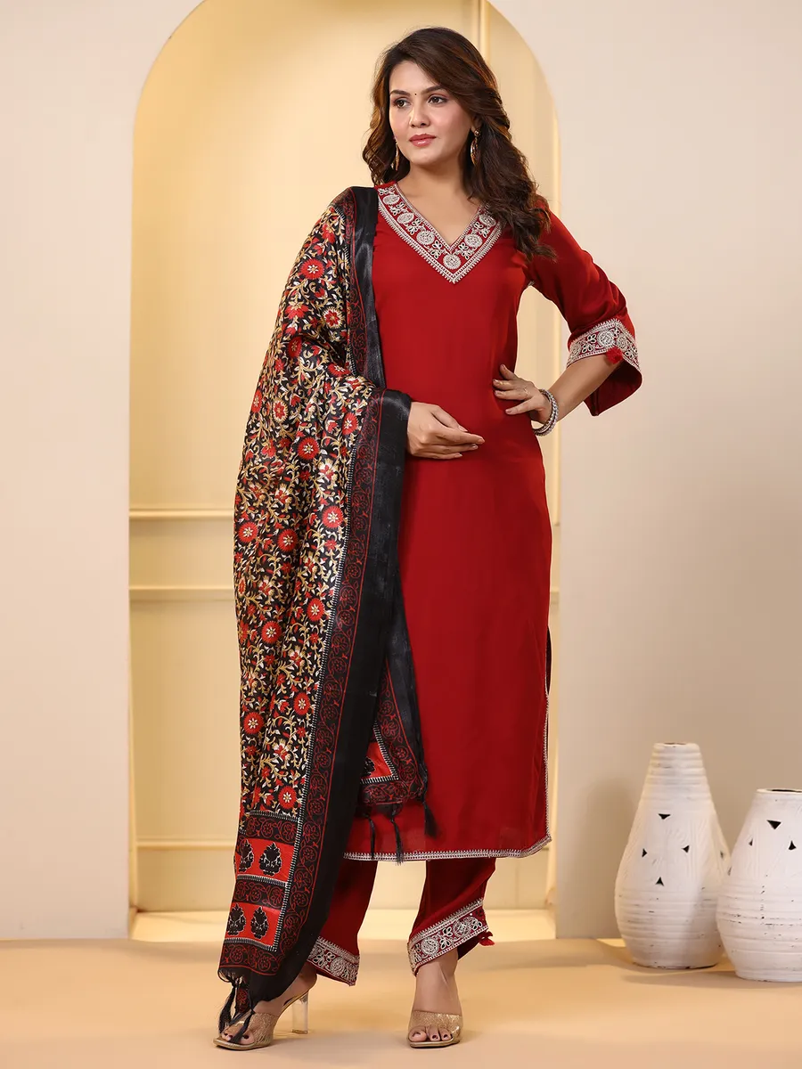 Red cotton kurti set with printed dupatta