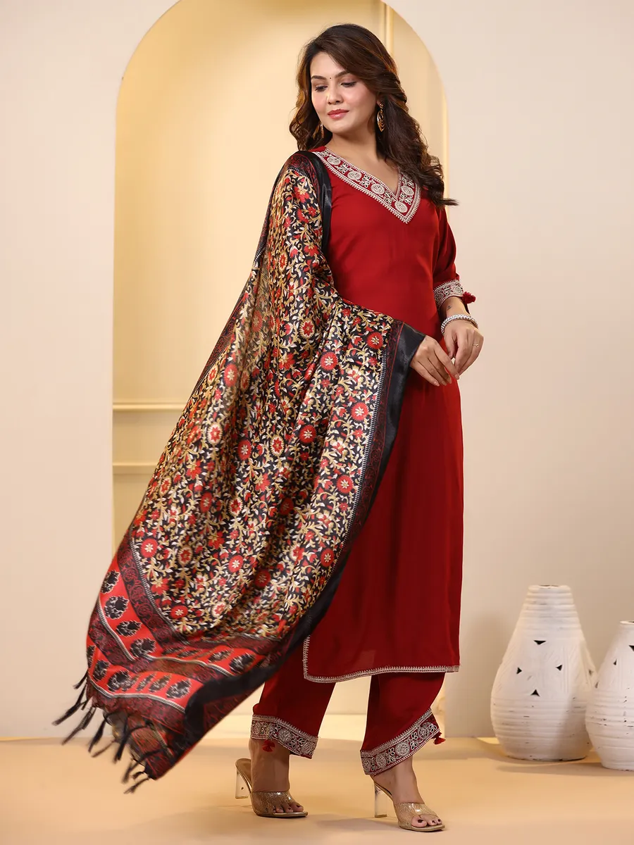 Red cotton kurti set with printed dupatta