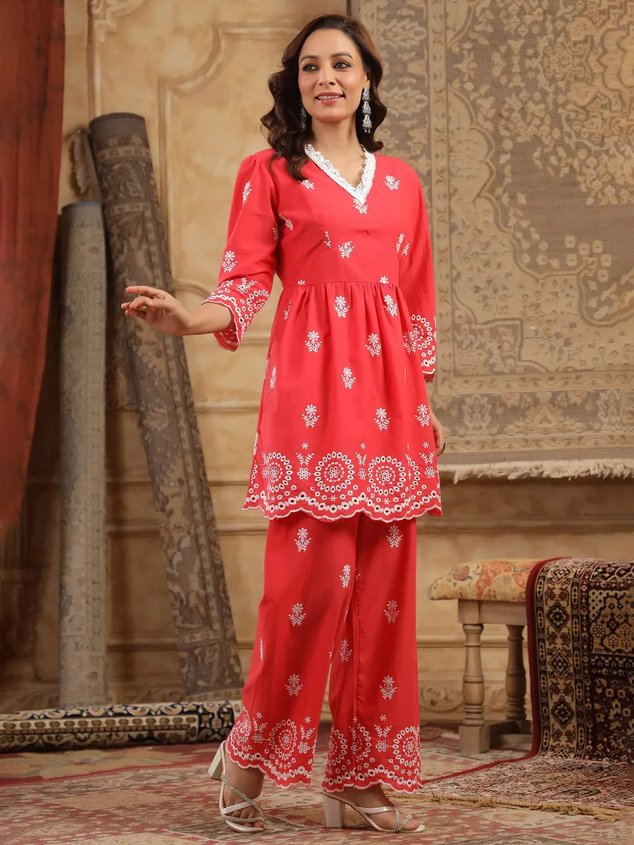 Red cotton silk kurti set with embroidery