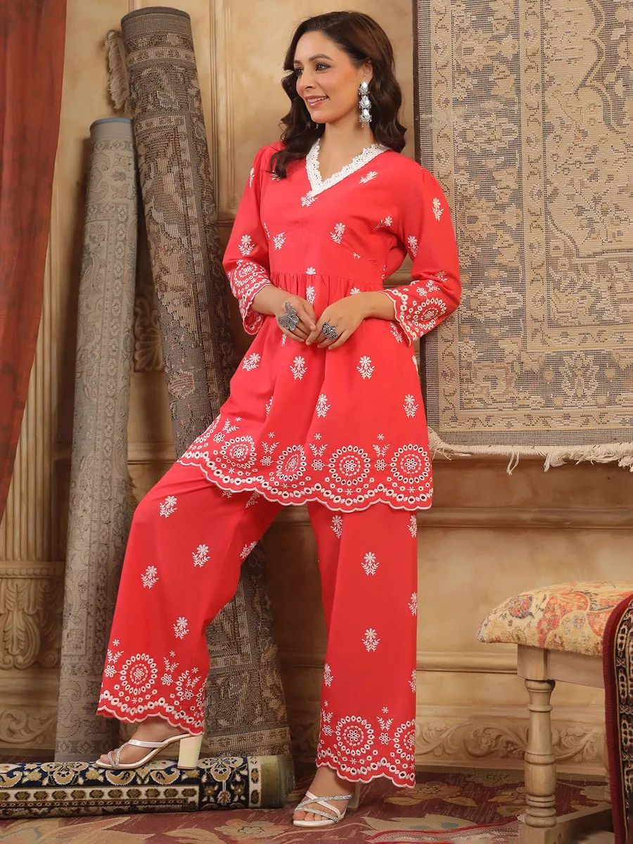 Red cotton silk kurti set with embroidery