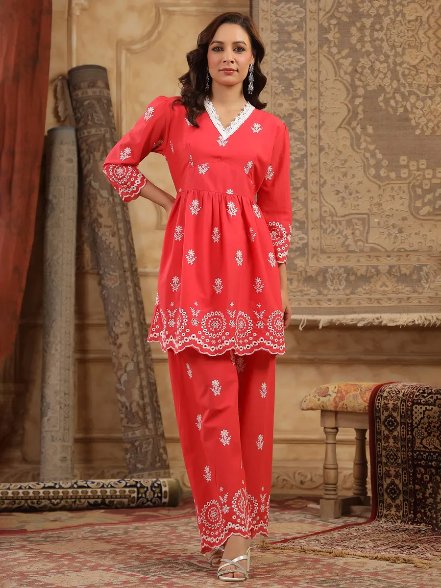 Red cotton silk kurti set with embroidery