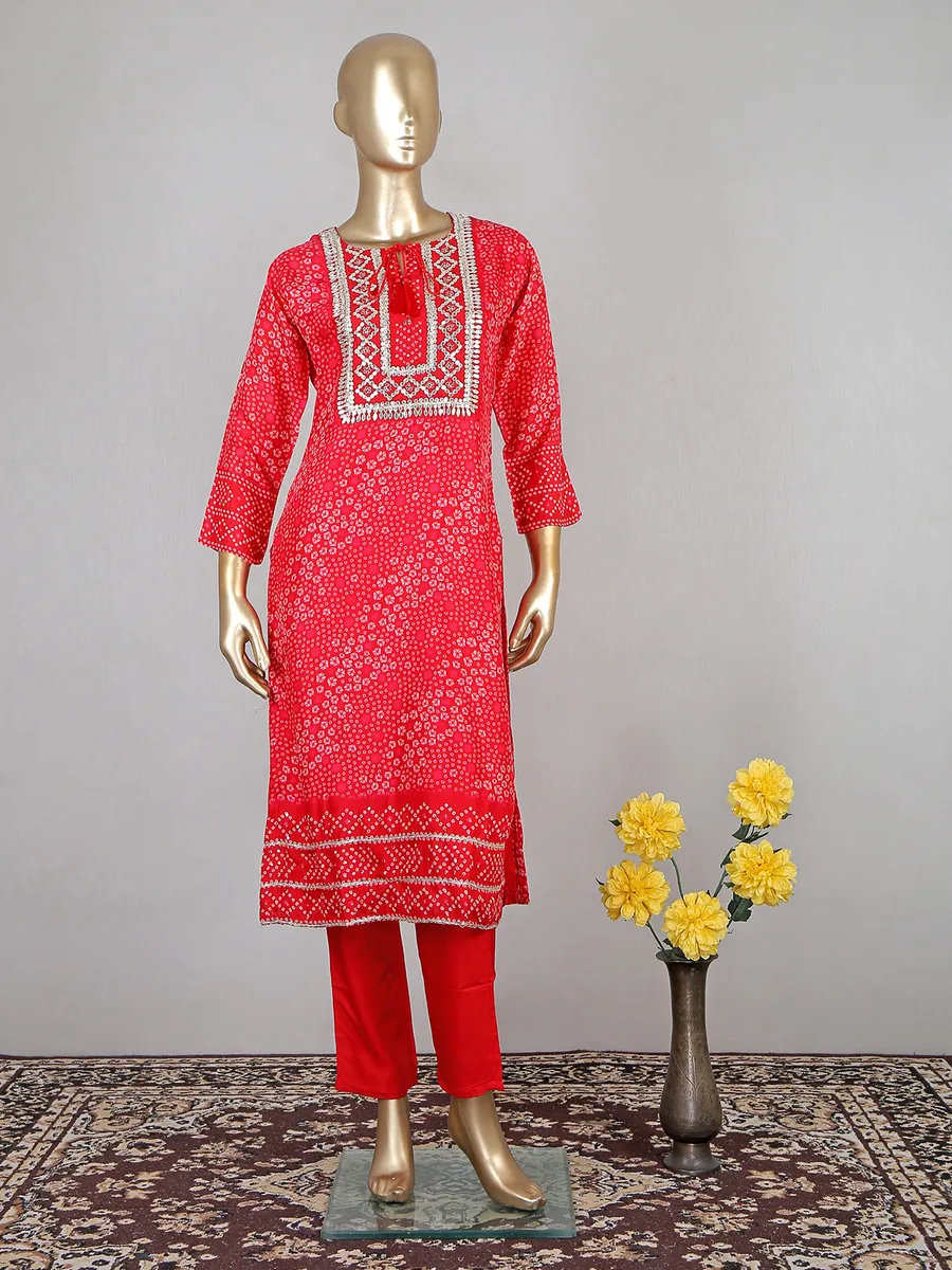 Red lavish printed cotton pant suit for festive