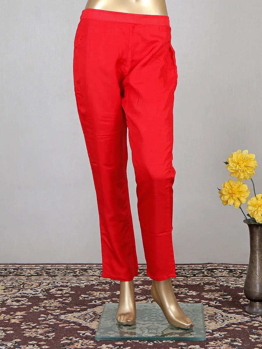 Red lavish printed cotton pant suit for festive