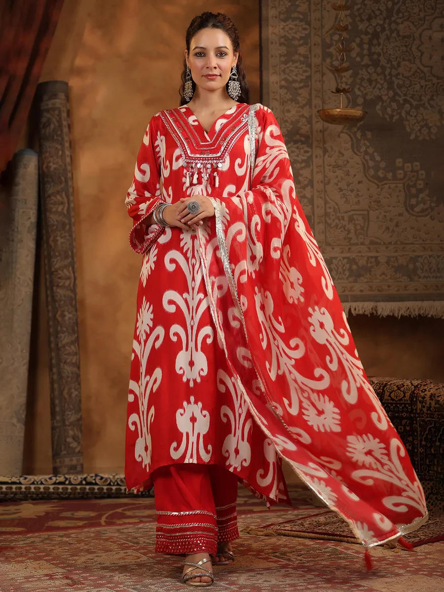 Red printed cotton silk kurti set