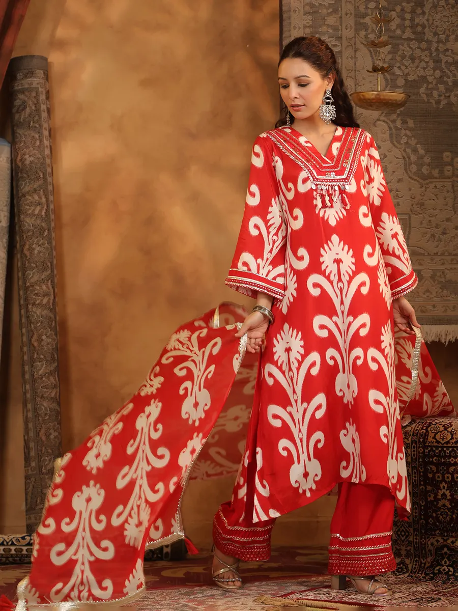 Red printed cotton silk kurti set